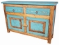 Mexican Painted Wood Turquoise and Natural Buffet - 2 Doors - 2 Drawers