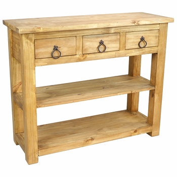 Mexican Pine Sofa Table With 3 Drawers and Double Lower Shelves