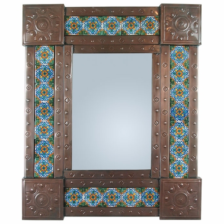 Mexican Punched Tin & Talavera Tile Mirror - 20