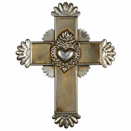 Mexican Rustic Metal Cross with Flaming Heart
