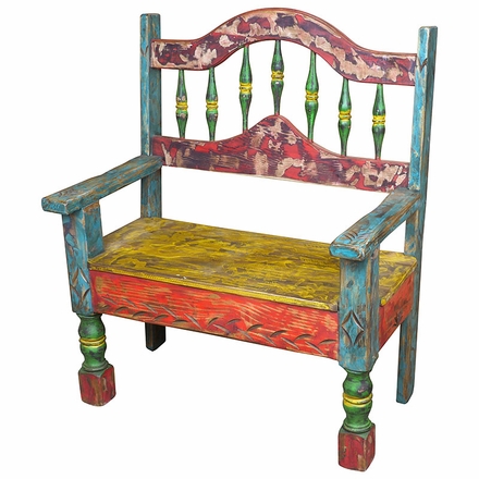 Mexican Rustic Multi-Color Painted Wood Bench with Arched Back  37