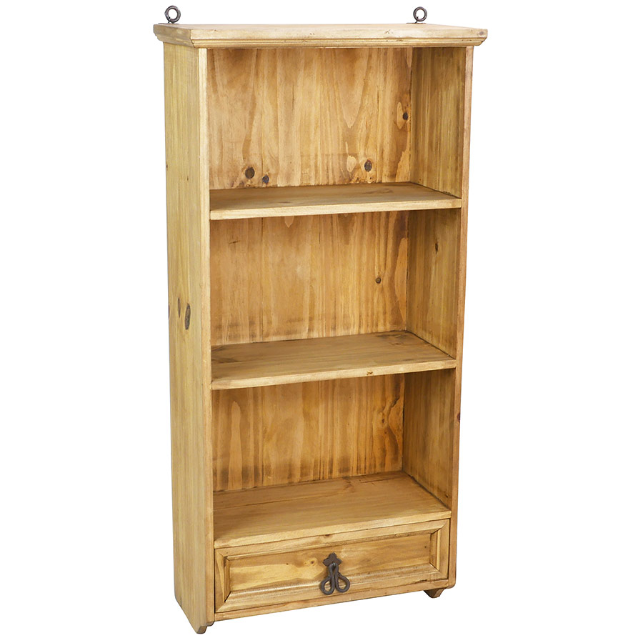 Mexican Rustic Pine Bathroom Hanging Wall Shelf with Drawer