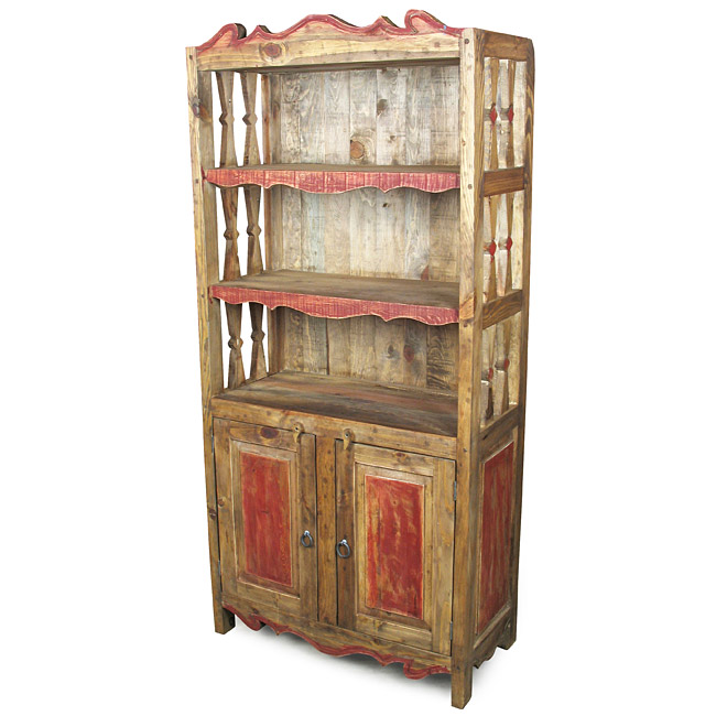 Mexican Rustic Pine Kitchen Hutch with Red Accents