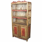 Mexican Rustic Pine Kitchen Hutch with Red Accents