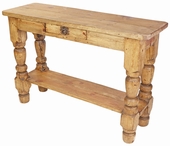 Mexican Rustic Pine Turned Leg Sofa Table with Drawer