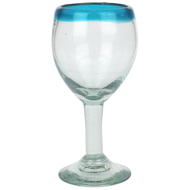 Mexican Handblown Wine Glasses with Turquoise Rim Set of 4