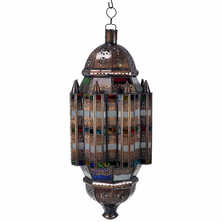 Moroccan Aged Tin and Colored Glass Hanging Light Fixture