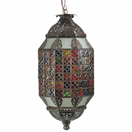 Mosaic Aged Tin and Colored Glass Hanging Light Fixture