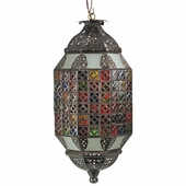 Mosaic Aged Tin and Colored Glass Hanging Light Fixture