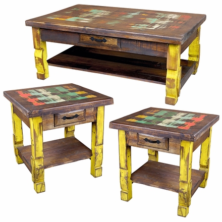 Multi-Color Distressed Painted Wood Ox Yoke Coffee Table & Two End Tables 3-Piece Set