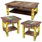 Multi-Color Distressed Painted Wood Ox Yoke Coffee Table & Two End Tables 3-Piece Set