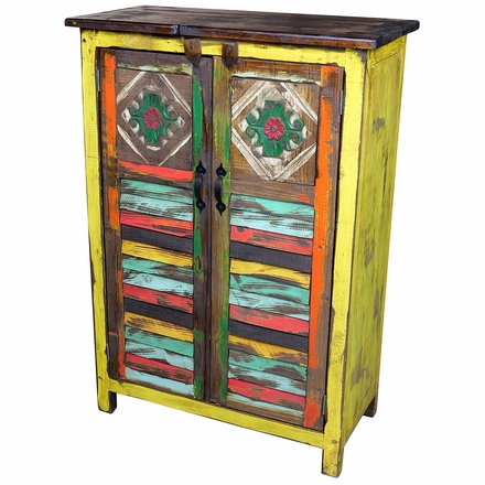 Multi-Color Distressed Wood 2-Door Cabinet with Slat Doors