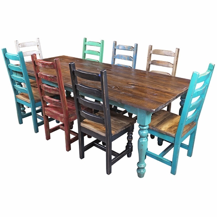 Multi-Color Mexican Colonial Painted Wood Dining Set - 9 Piece