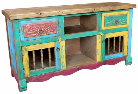 Multi-Colored Painted Wood Buffet with Spindle Doors
