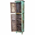 Narrow Green Painted Wood Cabinet with Carving & Multi-Color Slat Door