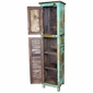 Narrow Green Painted Wood Cabinet with Carving & Multi-Color Slat Door