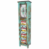 Narrow Green Painted Wood Cabinet with Carving & Multi-Color Slat Door