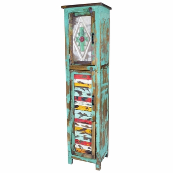 Narrow Green Painted Wood Cabinet with Carving & Multi-Color Slat Door