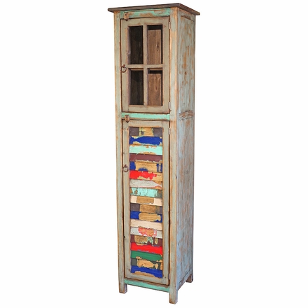 Narrow Painted Wood Cabinet Multi-Color Slats and Glass Doors