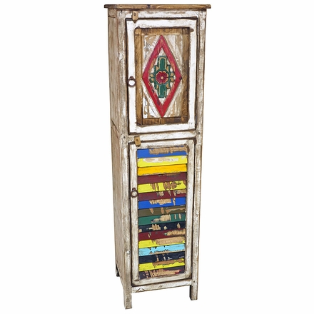 Narrow Painted Wood Cabinet with Carving & Multi-Color Slat Door