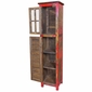 Narrow Red Painted Wood Cabinet with Glass & Multi-Color Slat Door