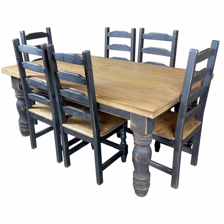 Natural and Black Painted Wood Mexican Colonial Dining Set - 7 Piece