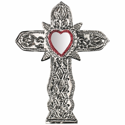 Natural Tin Cross with Heart Mirror - Set of 2