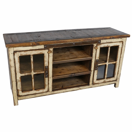 Old Wood and Cream Patina Entertainment Console with Glass Doors
