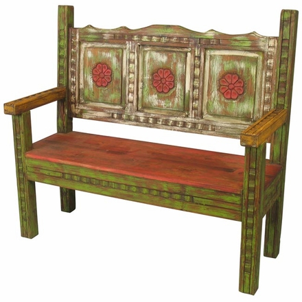 Old Wood Carved & Painted Bench