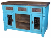 Ox Yoke Turquoise Blue Painted Wood Buffet - 2 Doors, 3 Drawers