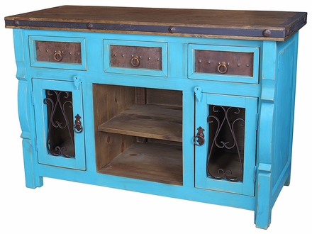Ox Yoke Turquoise Blue Painted Wood Buffet - 2 Doors, 3 Drawers