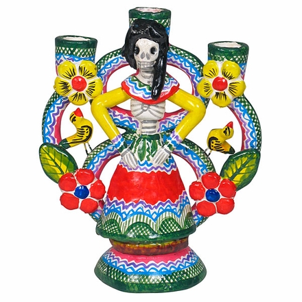 Painted Clay Day of the Dead Skeleton Candlestick