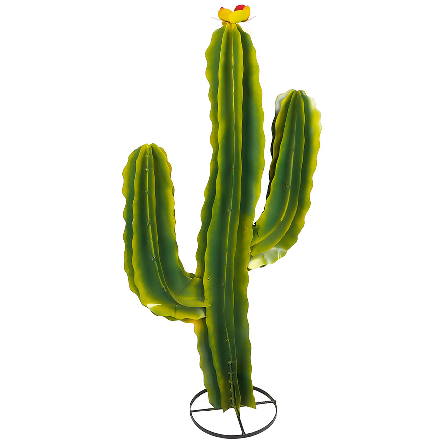 Painted Metal Curvy Saguaro Cactus with Flower Large