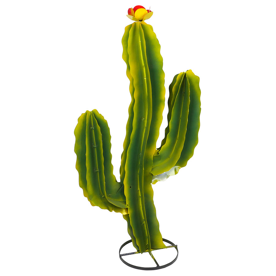 Painted Metal Curvy Saguaro Cactus with Flower Medium