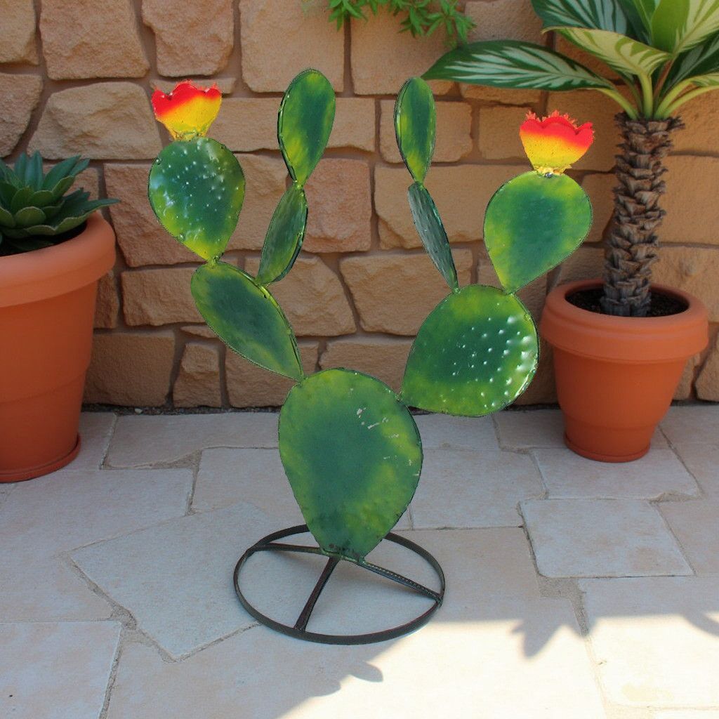 Painted Metal Prickly Pear Cactus Sculptures - Green