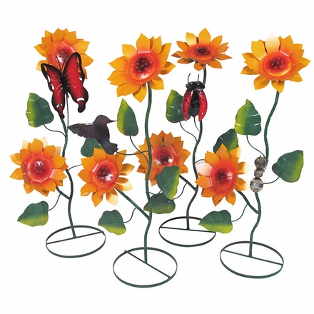 Painted Metal Sunflower Sculptures with Garden Critters