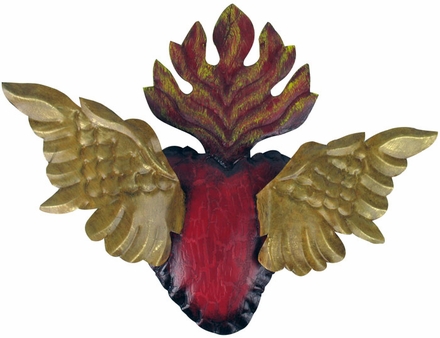 Painted Tin Flaming Heart with Wings Decoration