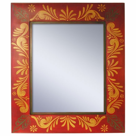 Painted Tin Folk Art Red Floral Frame Mirror