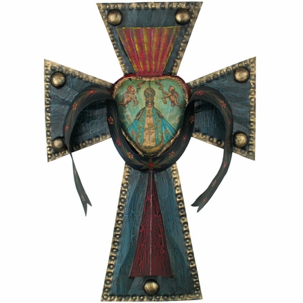 Painted Tin Heart Cross with Virgin