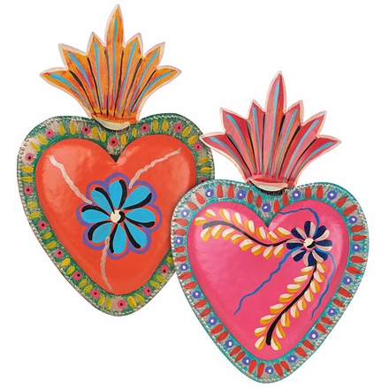 Painted Tin Heart Mexican Folk Art Wall Plaques - Set of 2
