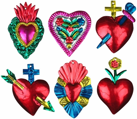 Painted Tin Heart Ornaments - Set of 6