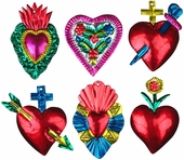 Painted Tin Heart Ornaments - Set of 6