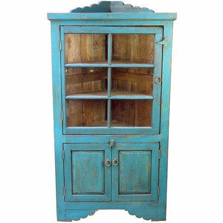 Painted Wood Blue Corner Cabinet with Glass