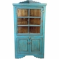 Painted Wood Blue Corner Cabinet with Glass