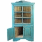 Painted Wood Blue Corner Cabinet with Glass