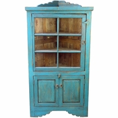 Painted Wood Blue Corner Cabinet with Glass