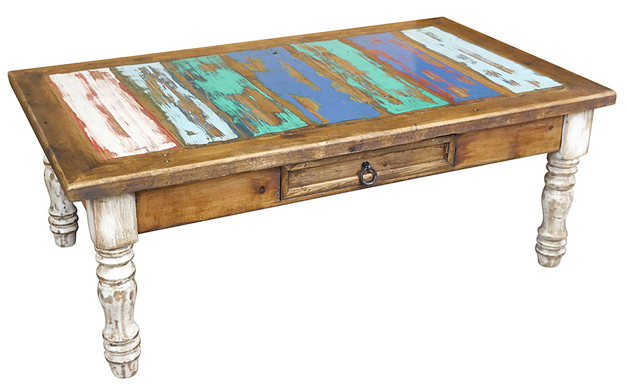 Painted Wood Coffee Table with White-Washed Turned Legs and Multi-Color Top
