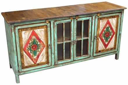 Painted Wood Console with Floral Etchings & Glass Doors