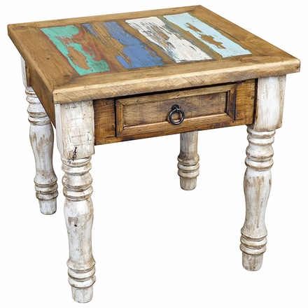 Painted Wood End Table with White-Washed Turned Legs and Multi-Color Top