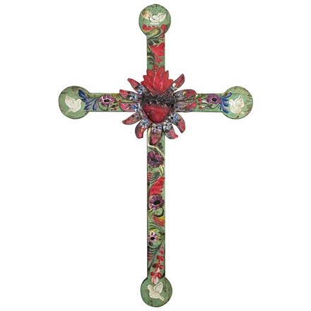 Painted Wood Mexican Folk Art Cross with Tin Fiery Heart